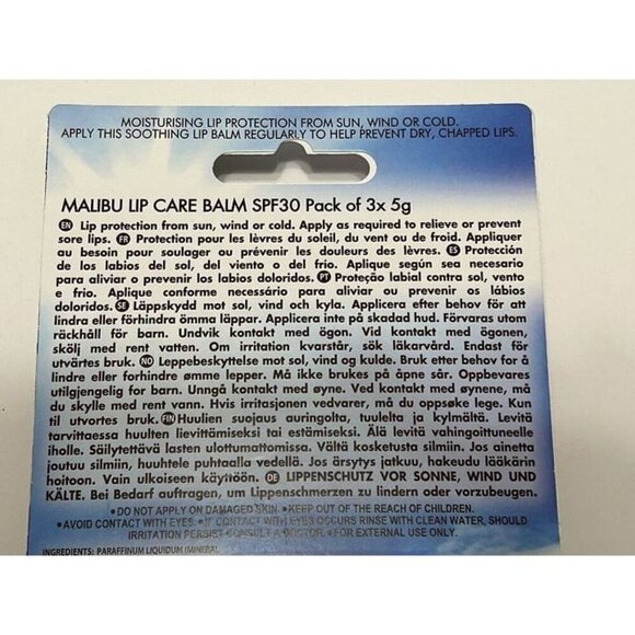 Malibu Lip Care Balm 3 Pack SPF30 Watermelon Mint Vanilla Vegan Water Proof - Picture 3 of 4